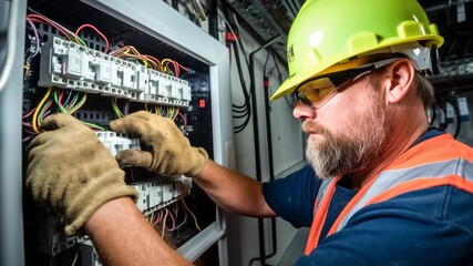 A man in a yellow hat and gloves is working on a power box. He is focused on his task and he is a skilled electrician. 
