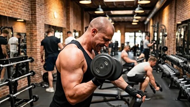 A focused, muscular man intensely trains at a modern gym, demonstrating impressive strength and resolve. He pushes his limits with visible effort, surrounded by various fitness equipment and an inspir