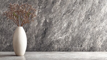 Elegant light colored vase holding dried flora rests upon a polished surface against a rugged stone backdrop