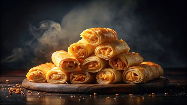 Piled high with golden brown goodness, crispy phyllo dough rolls melt into creamy cheese delight on a dark and mysterious surface