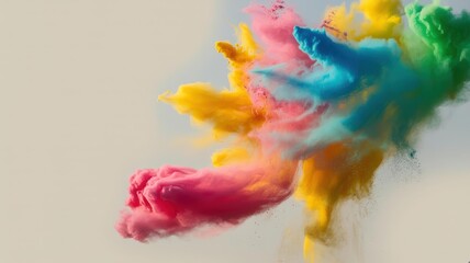 Vibrant Multicolored Powder Explosion on Beige — Pink, Yellow, Cyan, Green | Left Copy Space for Website Banner