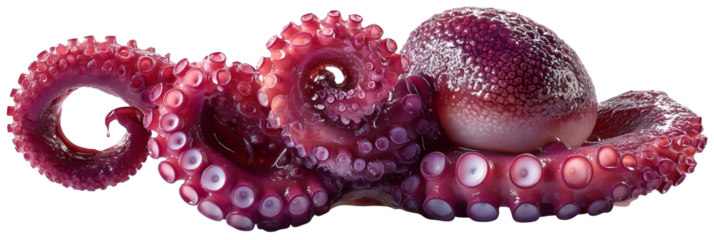 Realistic octopus tentacle curled end detail wet glossy texture visible suction cups vibrant deep pink and purple tones highly detailed skin surface natural lighting ultra sharp focus