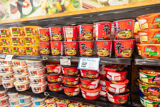 Ramen Noodles for sale at an ABC store in Waikiki, Honolulu, with shelf tags that say SNAP benefits cards can be used to purchase.  Image taken February 28, 2024