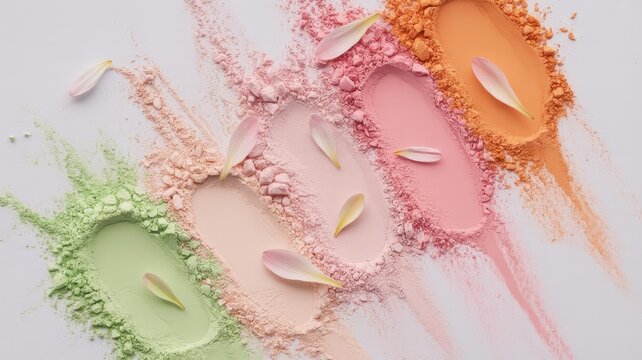 Minimal Pastel Beauty Flat Lay - Crushed Eyeshadow & Blush on White