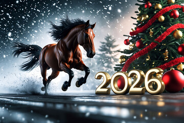 New Year's card 2026 with a horse - the symbol of the New Year