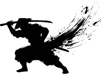 Samurai Drawing Katana Ink Brush Silhouette. Dynamic Japanese Warrior Sumi-e Vector for Asian Games 2026