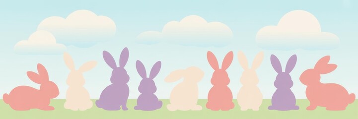 Obraz premium Pastel Easter banner — flat vector 9 bunny silhouettes on grass with copy space