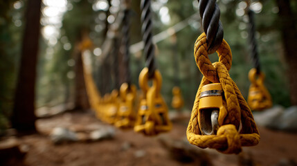 Rope course equipment in forest, adventure challenge props, outdoor training installation, wilderness obstacle course, defocused natural surroundings, with copy space