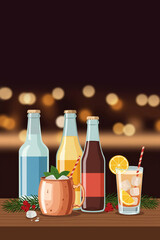 Colourful Bottles, Mug, and Glass with Straw, Ice, Lemon, and Garnish on Dark Festive Background with Blurred Lights, Holiday Party Drink Setting with Copy Space.