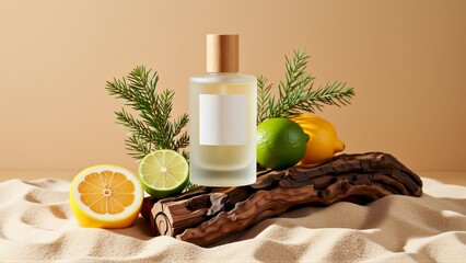 bottle perfume wooden cap white label bottle placed sandy surface branch pine tree two lemons lime next also slice lemon side background light beige color overall aesthetic minimalistic minimalistic