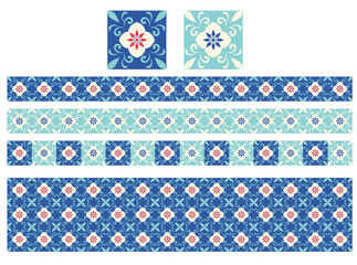 装飾的なフラワータイル連続模様のシームレスパターンセット