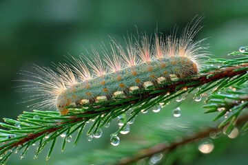 Fototapeta premium A fuzzy, iridescent segmented caterpillar rests on a dew-covered pine branch in a vibrant forest.