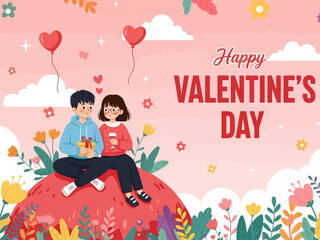 Cute Valentine&rsquo;s Day illustration of a happy couple sitting together with gift and drink, surrounded by hearts, flowers, and clouds. Romantic flat design ideal for cards, banners, and love celebration