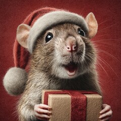 Enchanting christmas mouse with a gift bringing warm fuzzy feelings. Premium design. Delightful rat baby embracing christmas spirit with a box and lights. Chic appearance. High-class shoot.