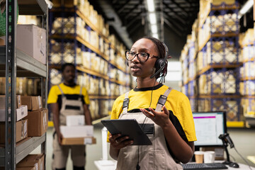Female warehouse worker answers clients calls on headset in a depot, handling problems and delays via customer service help line. Call center clerk troubleshooting shipment issues.