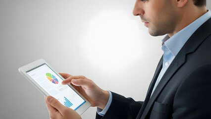 Analysing Data: A professional man in a suit carefully examines a digital tablet, reviewing financial data. His focus is sharp as he delves into charts and graphs on the screen.