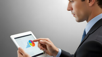 Business Insight: A focused business professional, smartly dressed in a suit and tie, engages with financial data displayed on a tablet, examining charts and graphs. 