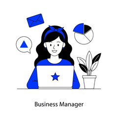 Business manager illustration in modern flat style showing a woman working on a laptop with charts, email, and communication icons. Ideal for business, management, analytics, and office concepts.