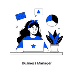 Business manager illustration in modern flat style showing a woman working on a laptop with charts, email, and communication icons. Ideal for business, management, analytics, and office concepts.