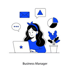 Business manager illustration in modern flat style showing a woman working on a laptop with charts, email, and communication icons. Ideal for business, management, analytics, and office concepts.