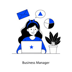 Business manager illustration in modern flat style showing a woman working on a laptop with charts, email, and communication icons. Ideal for business, management, analytics, and office concepts.