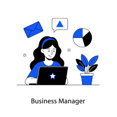 Business manager illustration in modern flat style showing a woman working on a laptop with charts, email, and communication icons. Ideal for business, management, analytics, and office concepts.