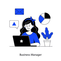 Business manager illustration in modern flat style showing a woman working on a laptop with charts, email, and communication icons. Ideal for business, management, analytics, and office concepts.