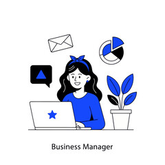 Business manager illustration in modern flat style showing a woman working on a laptop with charts, email, and communication icons. Ideal for business, management, analytics, and office concepts.