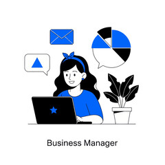 Business manager illustration in modern flat style showing a woman working on a laptop with charts, email, and communication icons. Ideal for business, management, analytics, and office concepts.