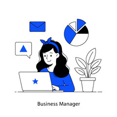 Business manager illustration in modern flat style showing a woman working on a laptop with charts, email, and communication icons. Ideal for business, management, analytics, and office concepts.