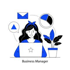 Business manager illustration in modern flat style showing a woman working on a laptop with charts, email, and communication icons. Ideal for business, management, analytics, and office concepts.