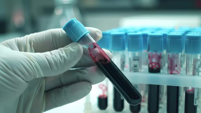 A gloved hand holds a test tube with a red blood sample and a blue cap in front of rows of other test tubes in a laboratory.