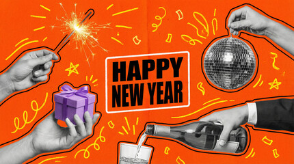 A vibrant collage of hands celebrating New Year's Eve with sparklers, gifts, champagne, and a disco ball on an orange background.