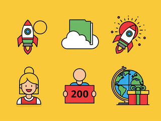 Colorful flat icon set with rocket launch, cloud folder, user avatars, global delivery, and startup symbols. Ideal for business, technology, app interface, web design, and digital marketing concepts.
