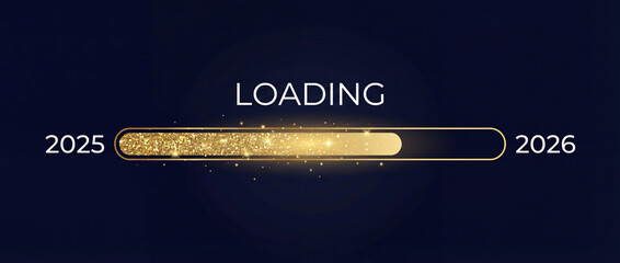 Golden loading bar showing progress from year 2025 to 2026 on a dark background, symbolizing the transition into a new year.