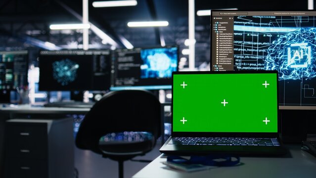 Close up of mockup notebook in data center supporting AI training workflows and automation of systems. Isolated screen laptop in server room tracking hardware processing deep learning datasets - Powered by Adobe