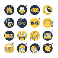 Minimal sleep routine icon set in flat yellow and black style featuring bedtime habits, night symbols, relaxation, and rest activities. Ideal for wellness, sleep tracking, and lifestyle design.