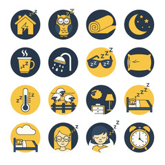 Minimal sleep routine icon set in flat yellow and black style featuring bedtime habits, night symbols, relaxation, and rest activities. Ideal for wellness, sleep tracking, and lifestyle design.