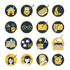Minimal sleep routine icon set in flat yellow and black style featuring bedtime habits, night symbols, relaxation, and rest activities. Ideal for wellness, sleep tracking, and lifestyle design.