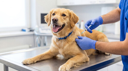 Dog receiving vaccination at veterinary clinic during a routine health check in the afternoon with a smiling owner