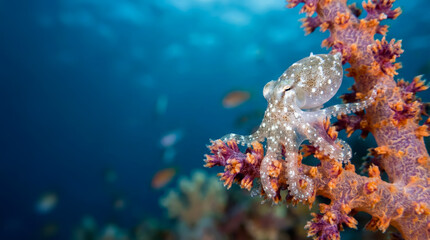 Colorful baby octopus climbing on coral reef in clear water during daytime in tropical ocean location