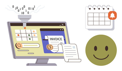 Computer displaying automated invoice and data organization, calendar with alert symbol, happy face. Ideal for technology, automation, finance, scheduling, productivity, organization business