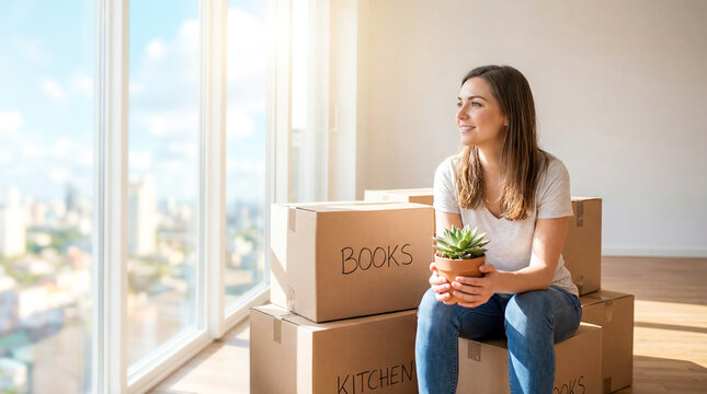 Woman sits on moving boxes in a new apartment holding a plant and looking out of a large window at a city view during daytime