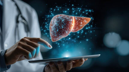 Innovative medical technology: doctor interacting with digital liver hologram on tablet in futuristic healthcare setting
