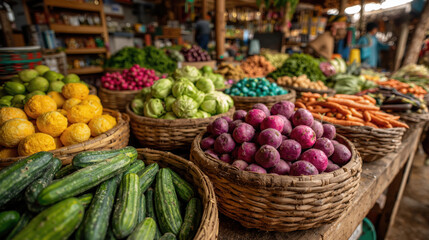 Colorful fresh produce displayed in baskets at local market stall, vegetables and fruits in latin food bazar