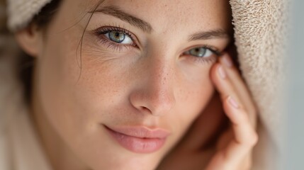 Closeup portrait of woman with towel on head featuring freckles and piercing blue-green eyes