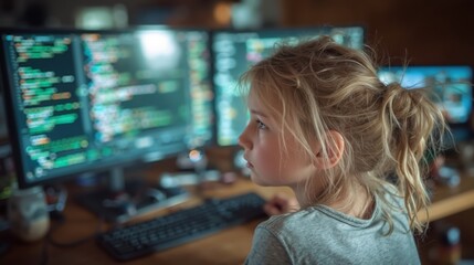 Young girl learning programming at home on dual monitors, gifted white child analyzing code on computer screen