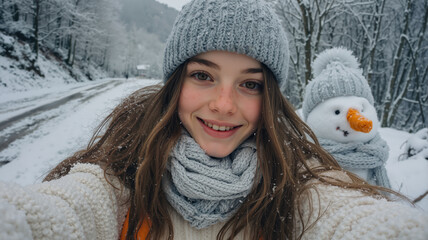 Smiling teen girl wearing cozy winter attire taking selfie in snowy landscape with snowman, holiday and concept
