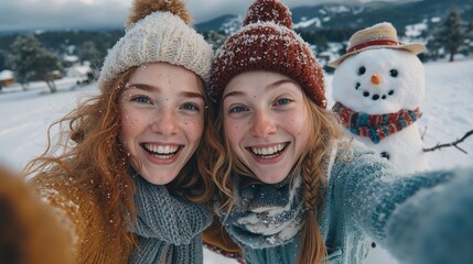 Joyful caucasian teen girls in winter attire taking a selfie with snowman amidst snowy landscape and pine forest hills