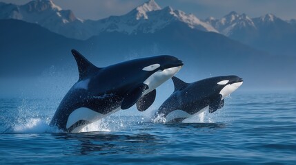 Orca whales breaching in pristine arctic ocean with snow-capped mountains in the background